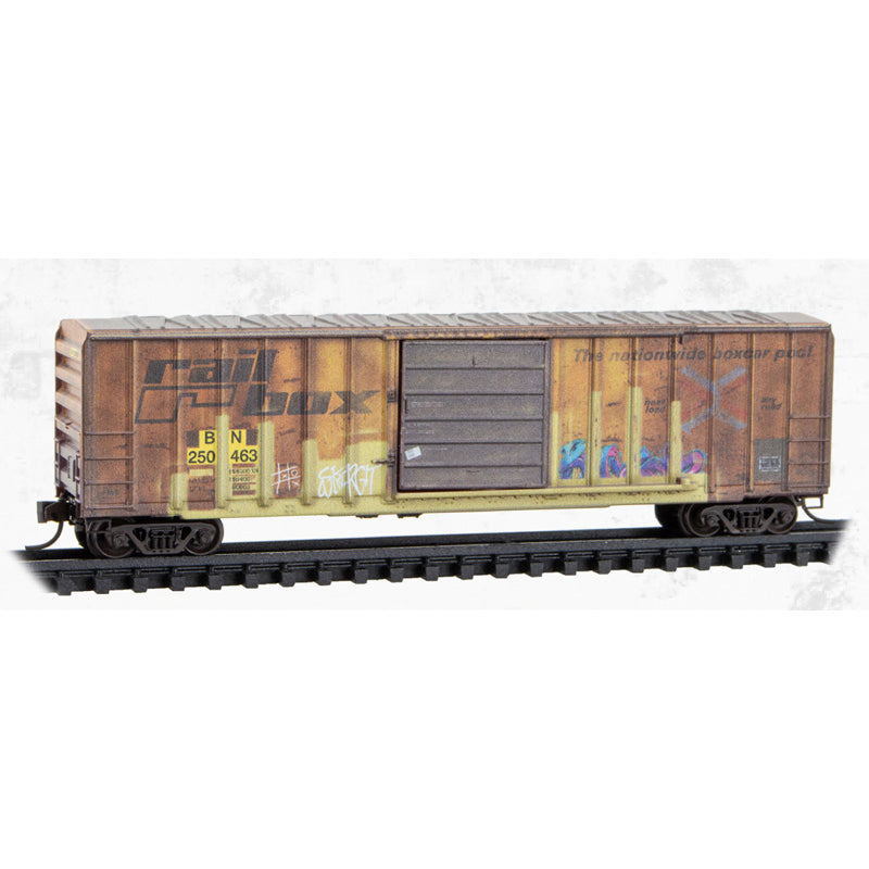 Micro-Trains 025 144 019 N scale Weathered Burlington Northern ex-Railbox 50' Single Door Rib Side Box Car