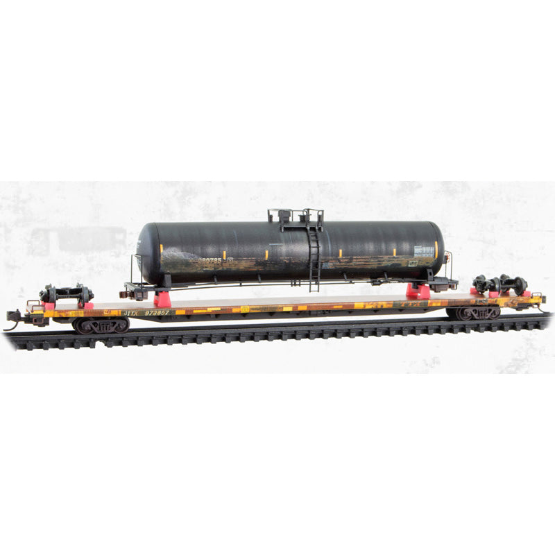 Micro-Trains 071 144 941 N scale Weathered TTX with "Wrecked" Tank Car Load Kit 89' TOFC Flat Car