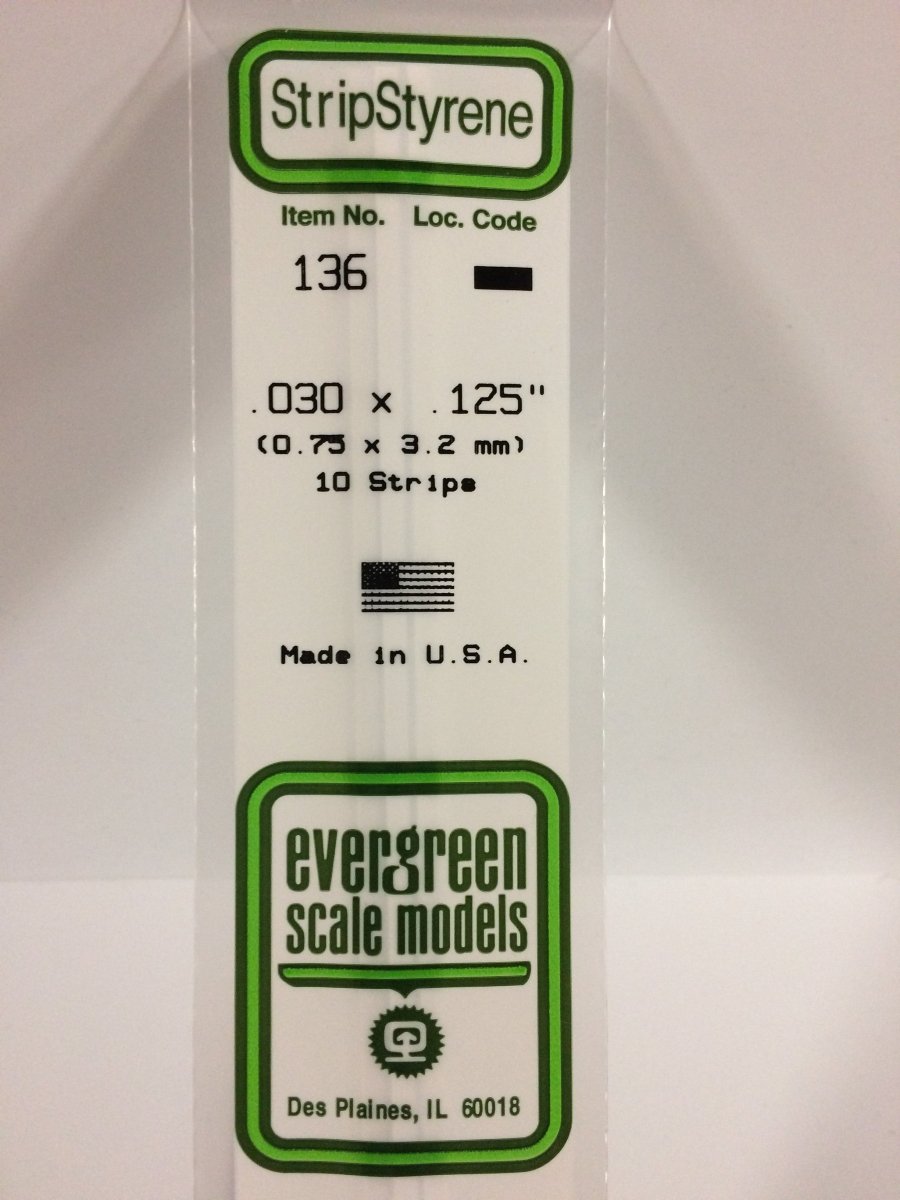 Evergreen 136 .030" X .125" Opaque White Polystyrene Strip (10 pcs) - Oakville Model Trains Depot