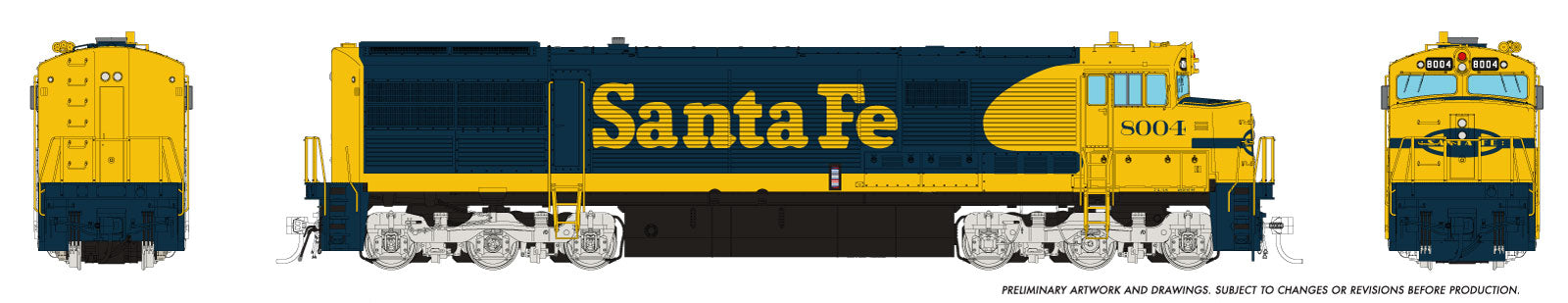 Rapido HO GE U30CG w/o SG (DC/Silent): Santa Fe - Yellow Warbonnet w/ Small Logo: #8004