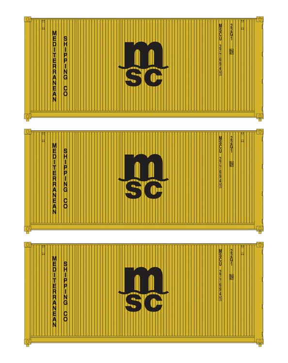 Walthers SceneMaster 18054 HO Scale 20' Fully Corrugated Container 3-Pack Mediterranean Shipping Co. (MSC)