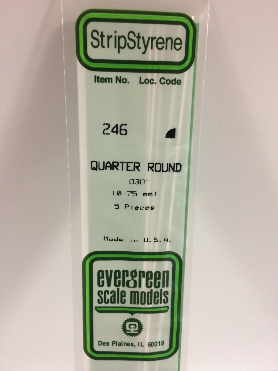 Evergreen 246 .030" (.75mm) Opaque White Polystyrene Quarter Round (5 pcs) - Oakville Model Trains Depot