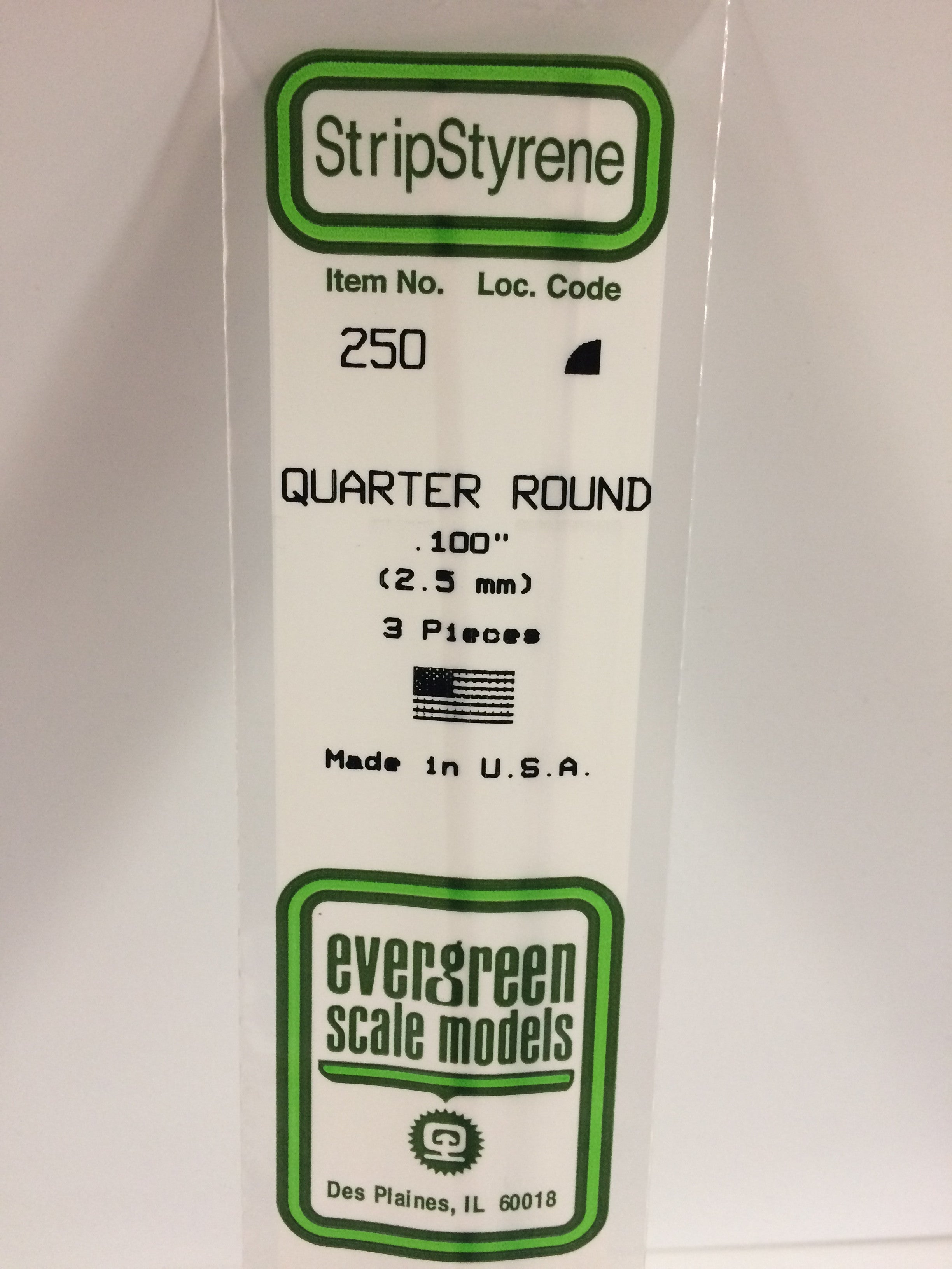 Evergreen 250 .100" Opaque White Polystyrene Quarter Round (3 pcs)