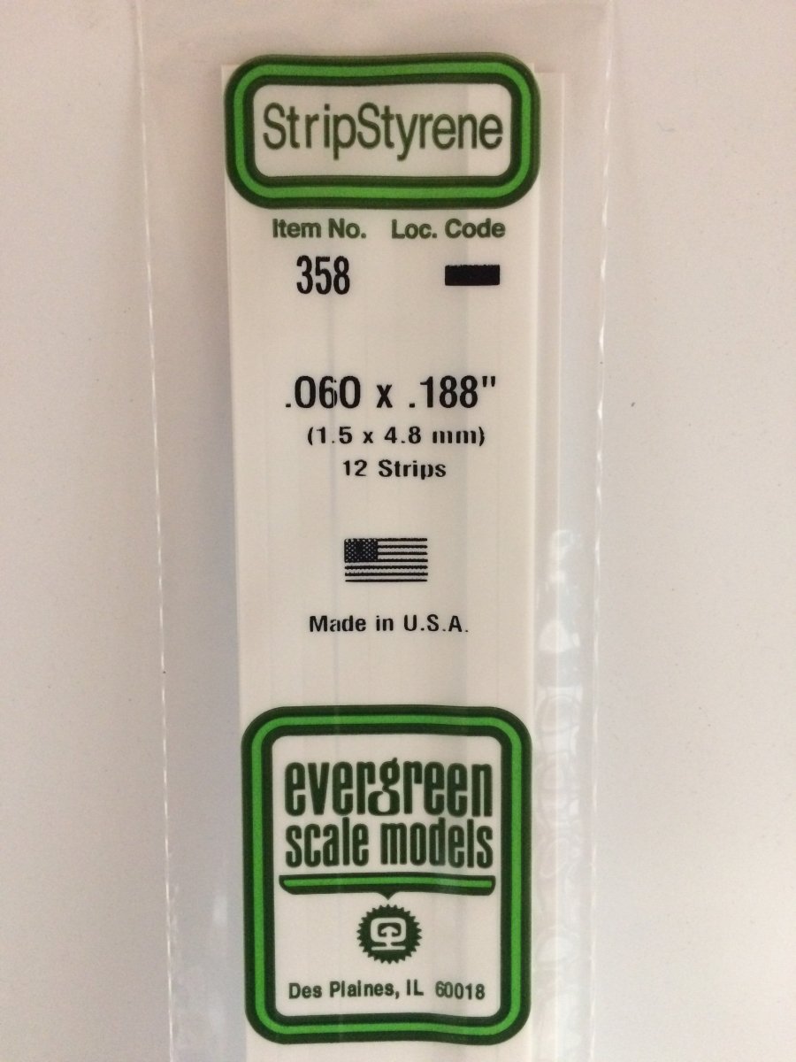 Evergreen 358 .060" X .188" X 24" Opaque White Polystyrene Strip - Oakville Model Trains Depot