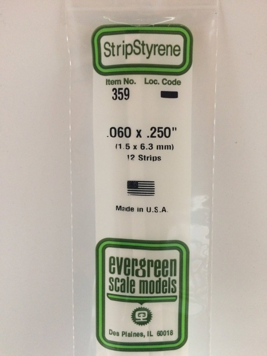 Evergreen 359 .060" X .250" X 24" Opaque White Polystyrene Strip - Oakville Model Trains Depot