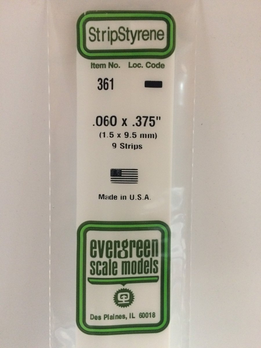 Evergreen 361 .060" X .375" X 24" Opaque White Polystyrene Strip - Oakville Model Trains Depot