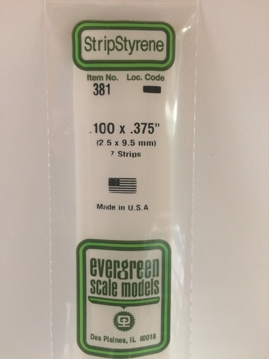Evergreen 381 .100" X .375" X 24" Opaque White Polystyrene Strip - Oakville Model Trains Depot