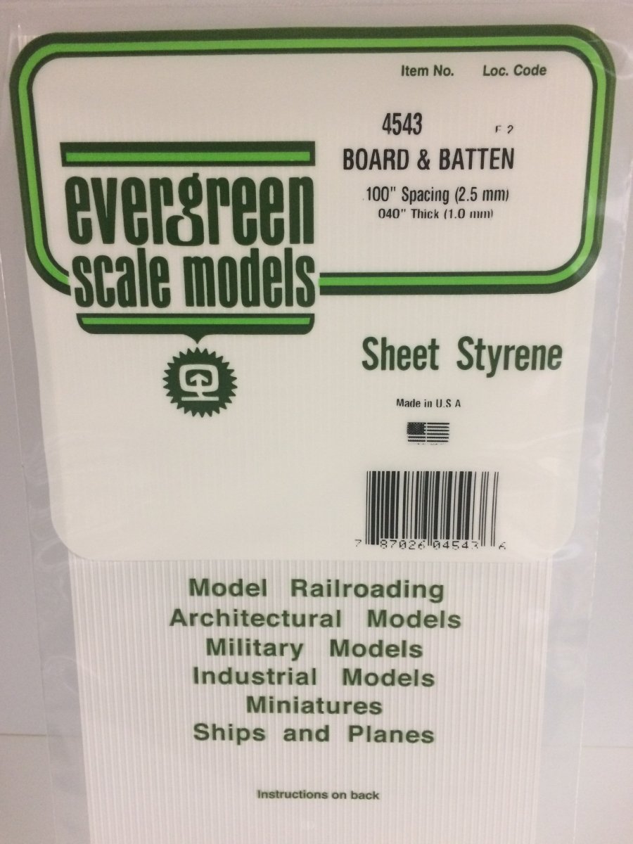Evergreen 4543 .100" Opaque White Polystyrene Board And Batten Siding - Oakville Model Trains Depot