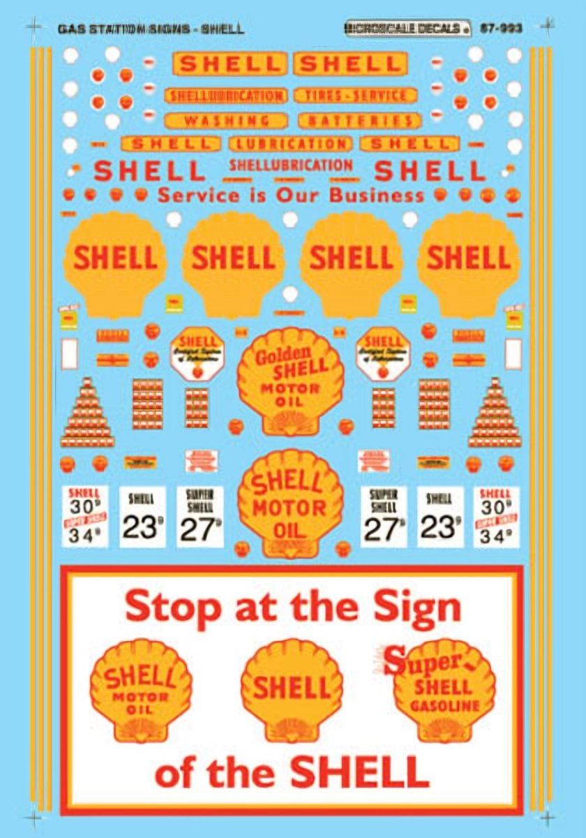 Microscale 60 - 993 N Scale Shell Gas Station Signs (1935 - 1960) Waterslide Decals - Oakville Model Trains Depot
