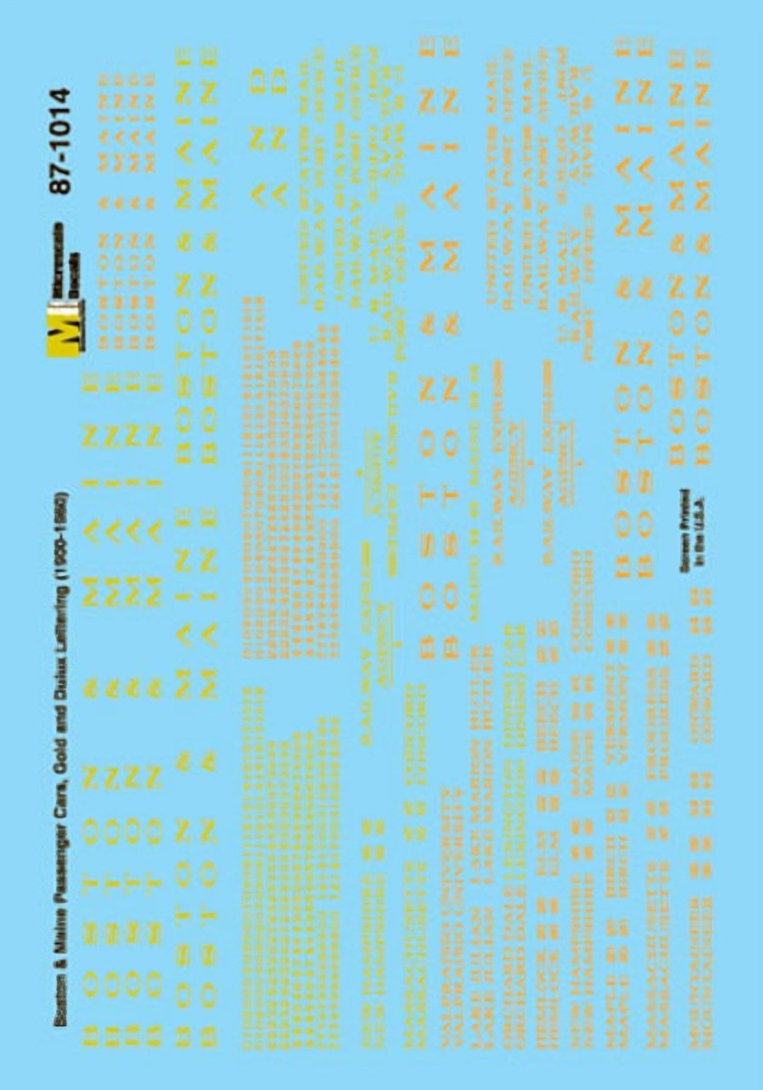 Microscale 87 - 1014 HO Scale Boston & Maine Passenger Cars - Gold Lettering (1900 - 1960) Waterslide Decals - Oakville Model Trains Depot