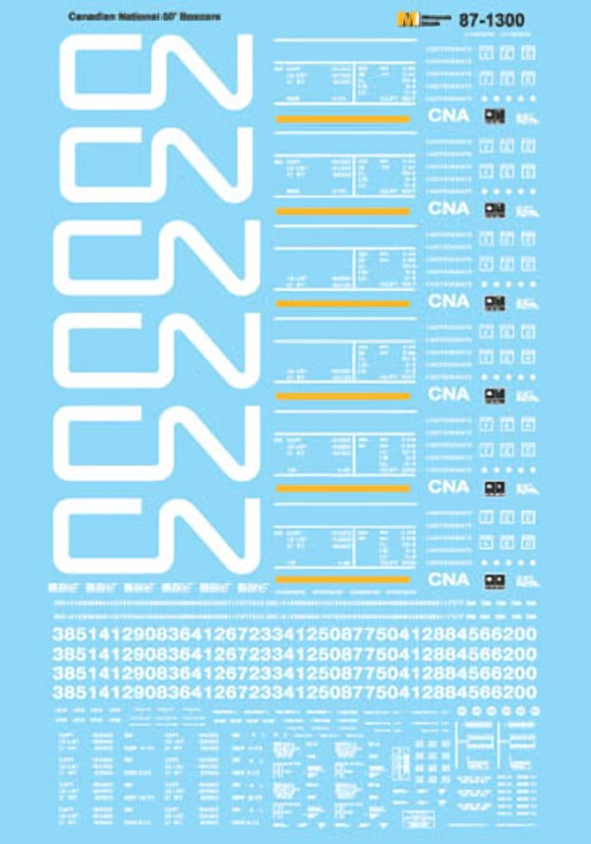 Microscale 87 - 1300 HO Scale Canadian National 50 foot Boxcars (1990 - 2007) Waterslide Decals - Oakville Model Trains Depot