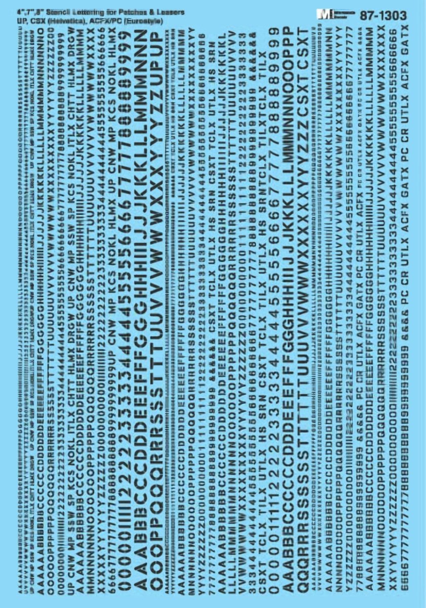 Microscale 87 - 1303 HO Scale Black 4/7/8 inch Stencil Lettering for Patches & Leasers 2 - UP Waterslide Decals - Oakville Model Trains Depot