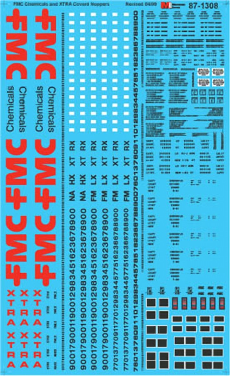 Microscale 87 - 1308 HO Scale FMC Chemicals & XTRA Covered Hoppers Waterslide Decals - Oakville Model Trains Depot