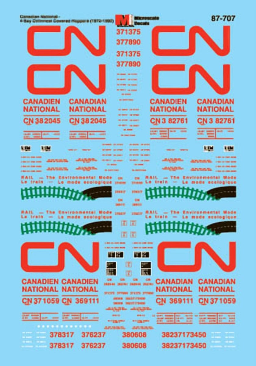 Microscale 87 - 707 HO Scale Canadian National 4 - Bay Cylindrical Covered Hoppers (1972 - 1992) Waterslide Decals - Oakville Model Trains Depot