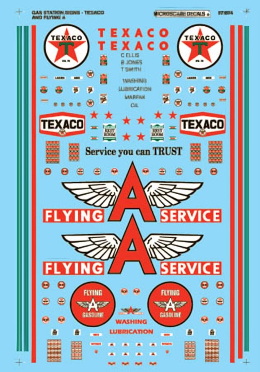 Microscale 87 - 874 HO Scale Texaco Flying A Gas Station Signs (1949 - 1960) Waterslide Decals - Oakville Model Trains Depot