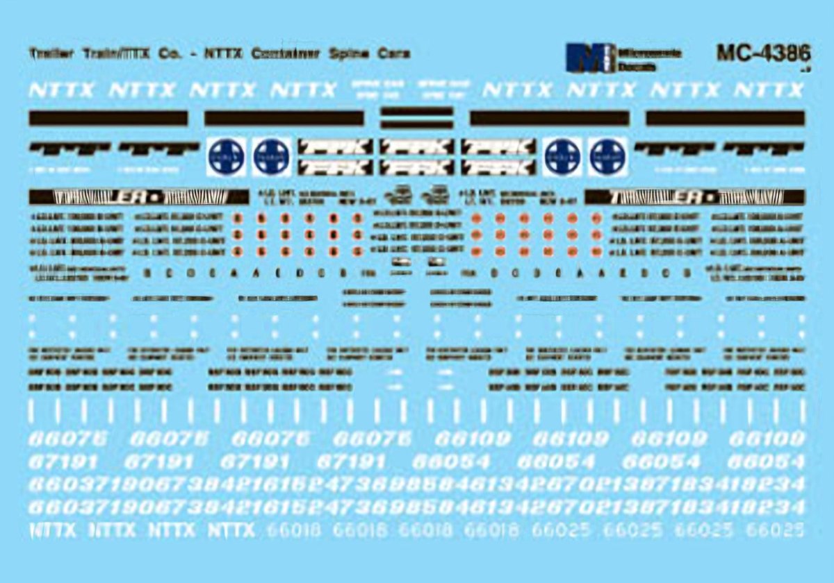 Microscale MC - 4386 HO Scale Trailer Train / TTX NTTX Container Spine Cars (1980+) Waterslide Decals - Oakville Model Trains Depot
