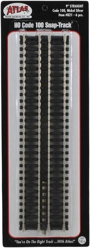 Atlas 821 HO Scale Code 100 9" Straight Snap - Track - 6 - Pack - Oakville Model Trains Depot