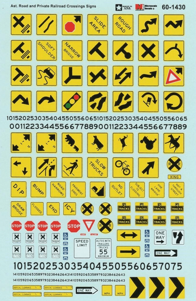 Microscale 60 - 1430 N Scale Miscellaneous Road Signs - Parking & Clearance Waterslide Decals - Oakville Model Trains Depot