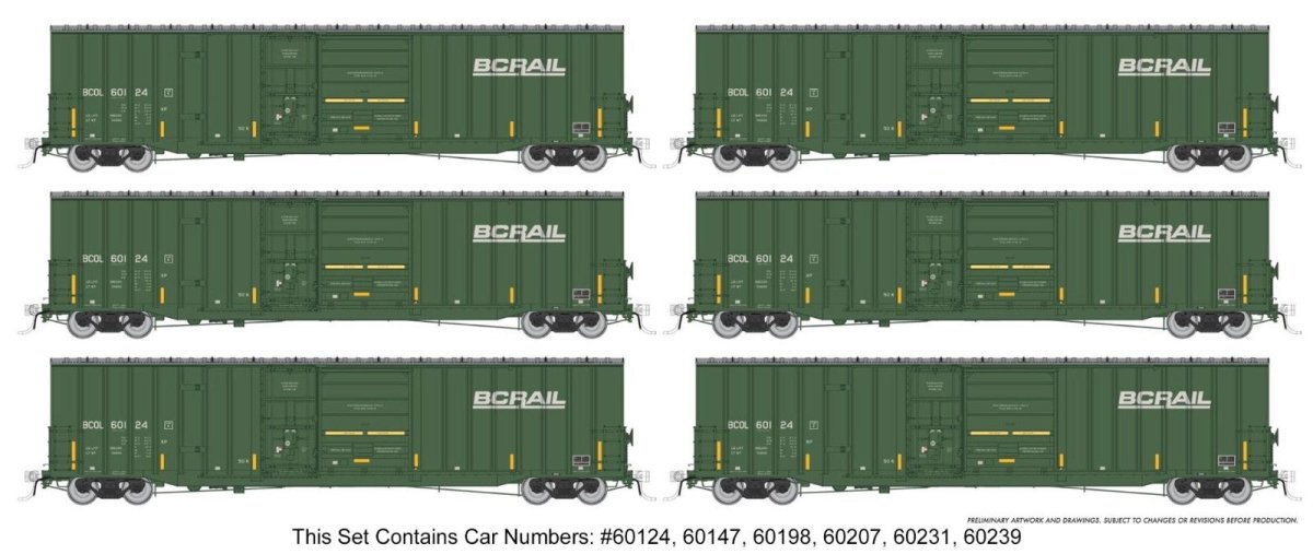 Rapido 191003 HO Trenton Works 6637 cuft Combination - Door Boxcar — BC Rail Faded w/Conspicuity Stripes: 6 - Pack 1 - Oakville Model Trains Depot