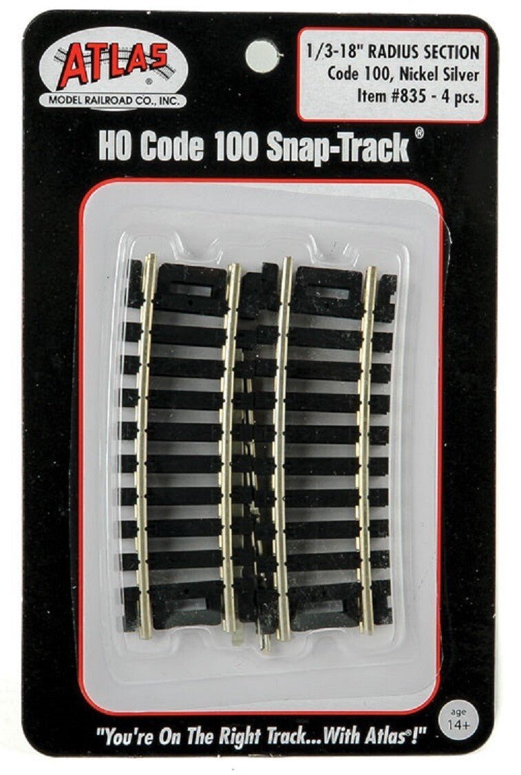 Atlas 835 HO Scale Code 100 18" Radius Curved Snap - Track 1/3 Section - 4 - Pack - Oakville Model Trains Depot