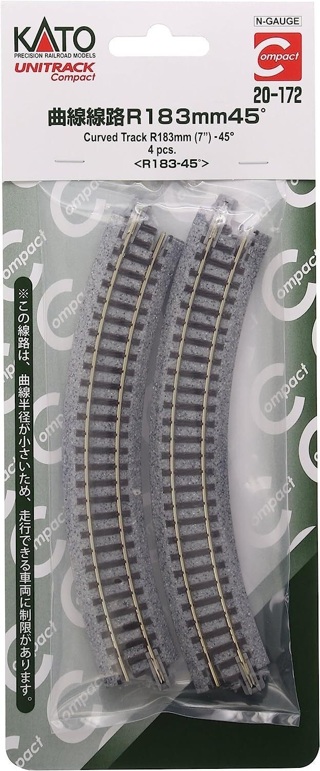 Kato 20-172 N Scale Unitrack Compact 183mm (7") Radius 45º Curve Track - 4pcs