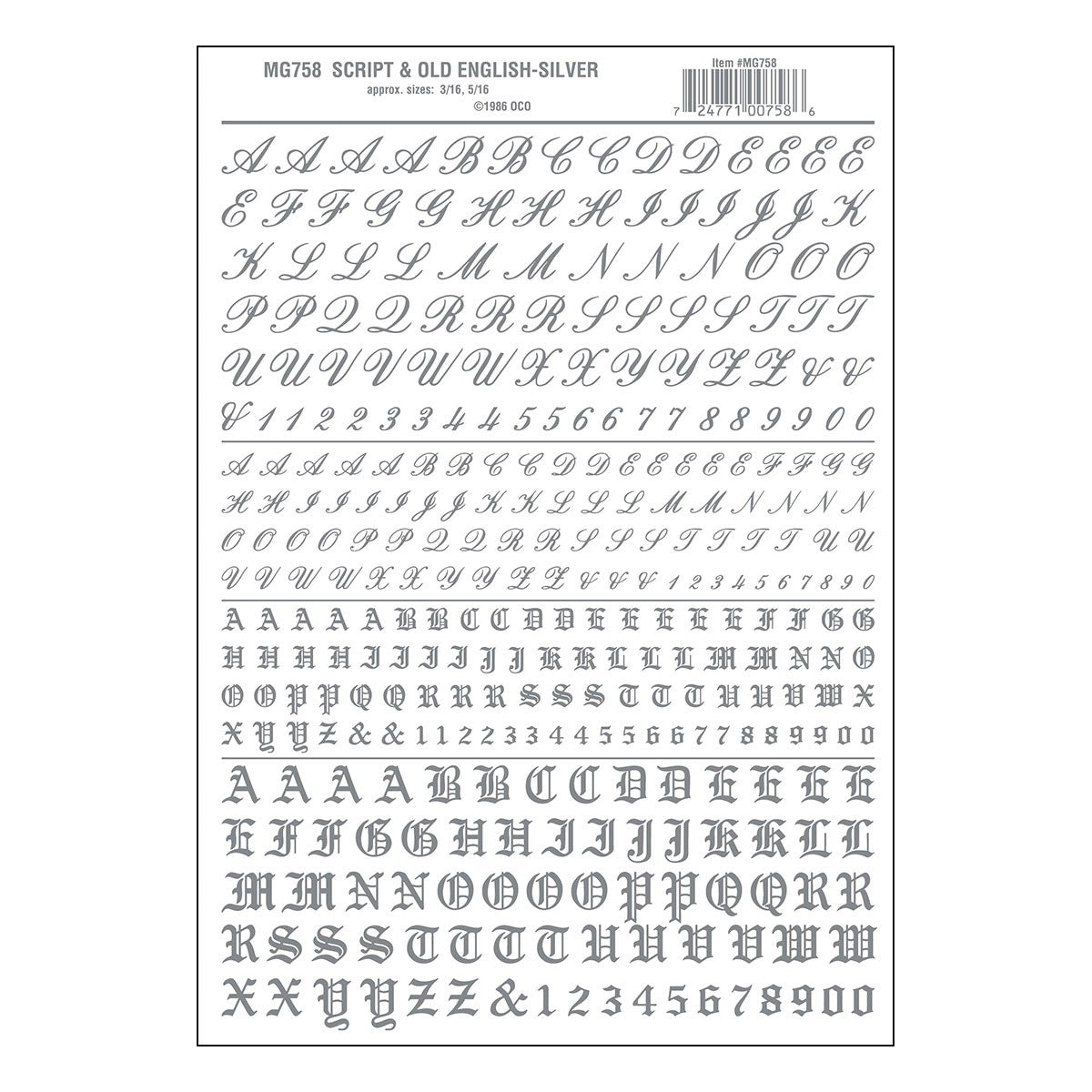 Woodland Scenics MG758 Script & Old English Silver Decals
