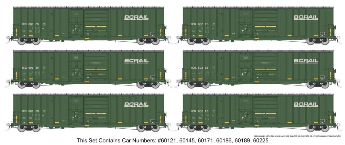 Rapido 191004 HO Trenton Works 6637 cuft Combination - Door Boxcar — BC Rail Faded w/Conspicuity Stripes: 6 - Pack 2 - Oakville Model Trains Depot