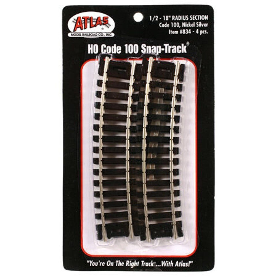 Atlas 834 HO Scale Code 100 18" Radius Curved Snap-Track 1/2 Section - 4pcs