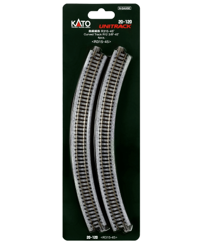 KATO 20 - 120 N Scale Unitrack R315mm (R12 - 3/8") 45° Curved Track - 4 - Pack - Oakville Model Trains Depot