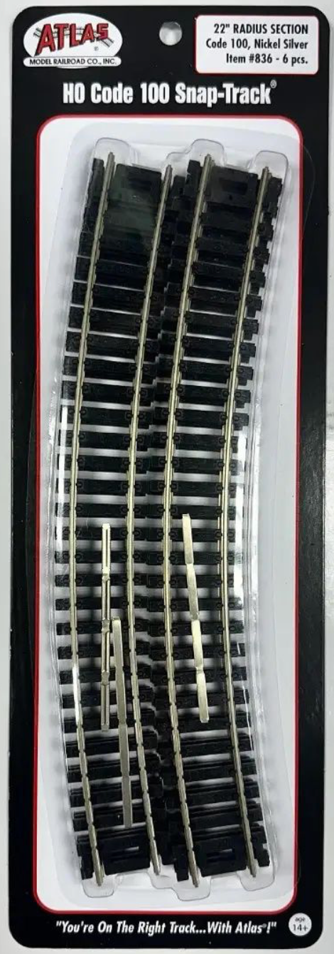 Atlas 836 HO Scale Code 100 22" Radius Curved Snap-Track Nickel-Silver - 6pcs