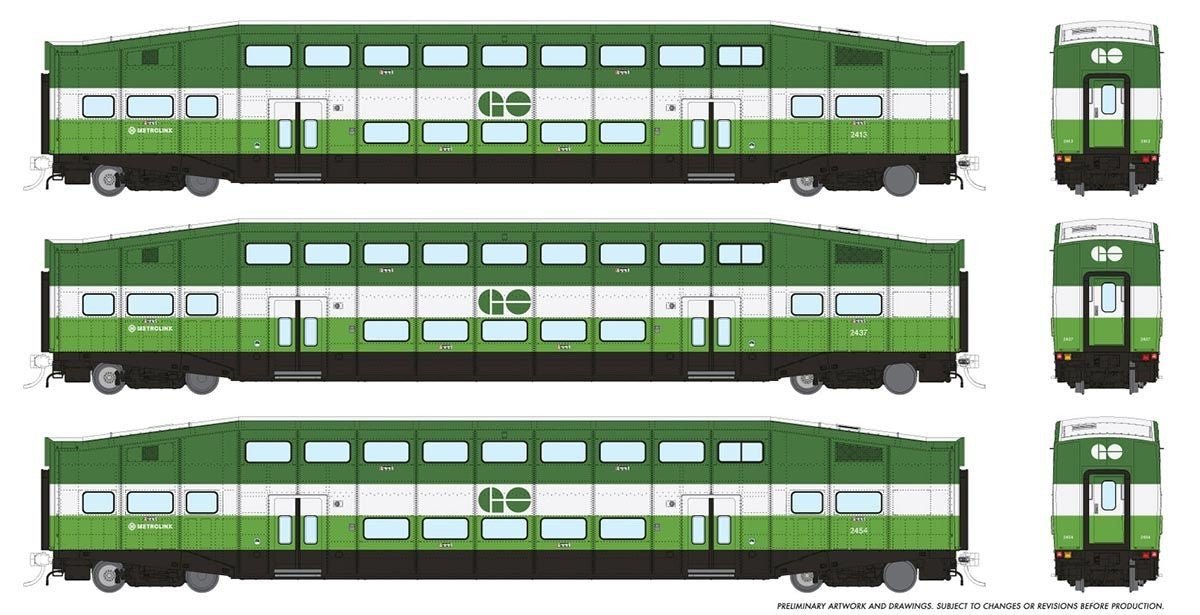 Rapido 146042 HO GO Transit / Metrolinx BiLevel Commuter 3 - Car Set 3 (Coaches 2413, 2437, 2454 (no cab car)) - Oakville Model Trains Depot