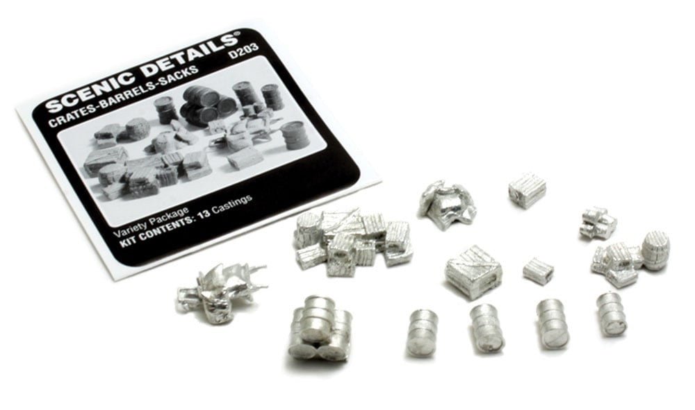 Woodland Scenics D203 HO Scale Crates - Barrels - Sacks Kit - Oakville Model Trains Depot