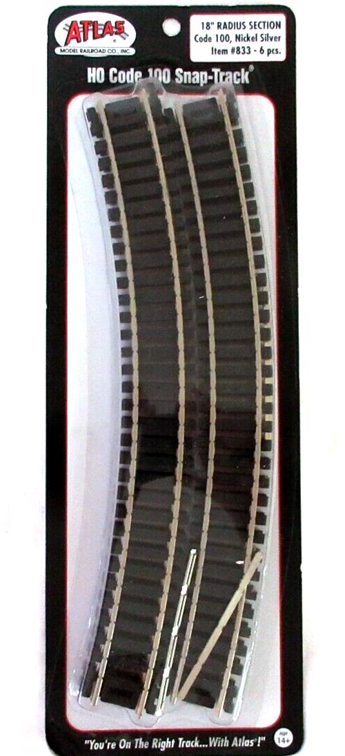 Atlas 833 HO Scale Code 100 18" Radius Curve Track - 6pcs