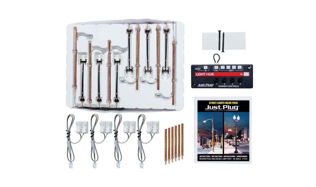 Woodland Scenics JP5902 HO Scale Double Lamp & Wooden Pole Value Pack - Oakville Model Trains Depot