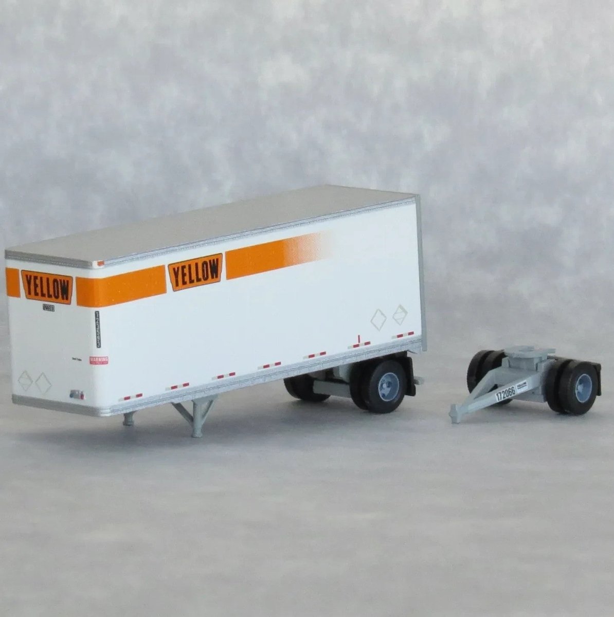 TrainWorx 42885 - 02 N Scale Yellow Freight (Orange) 28' Pup Van Trailer + Converter Dolly (LTL Doubles) - Oakville Model Trains Depot