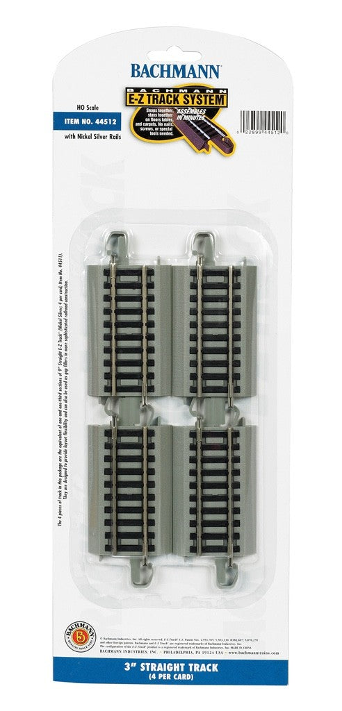 Bachmann 44512 HO Scale EZ-Track 3" Straight Track - 4pcs