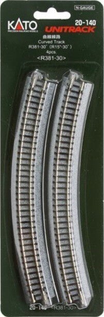 KATO 20 - 140 N Scale Unitrack R381mm (R15") 30° Curved Track - 4 - Pack - Oakville Model Trains Depot