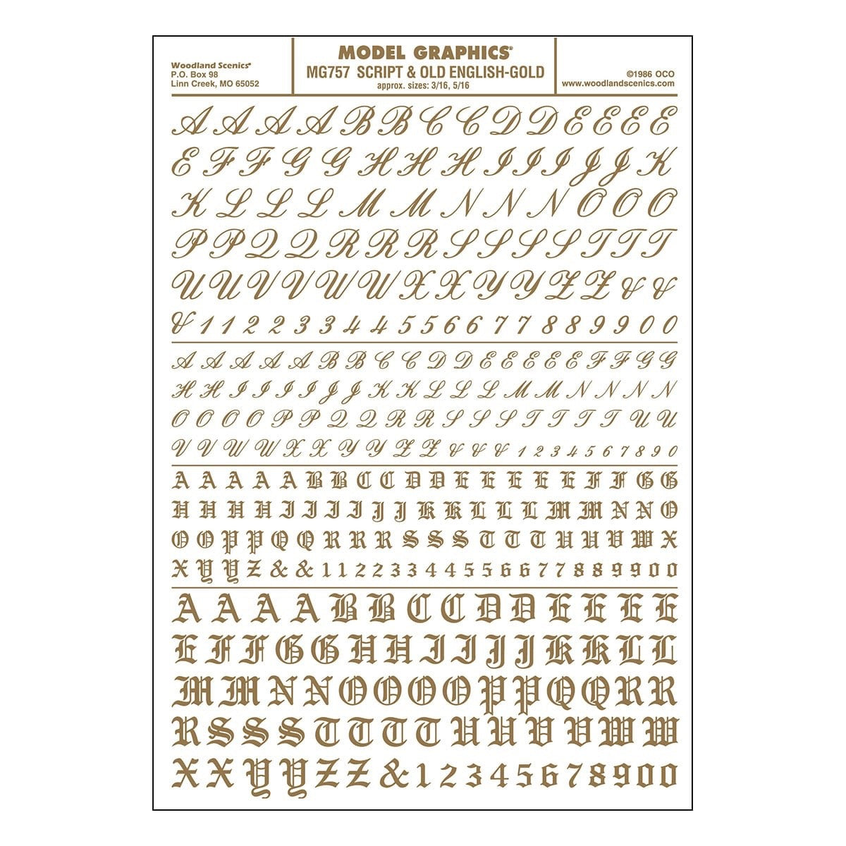Woodland Scenics MG757 Script & Old English Gold Decals