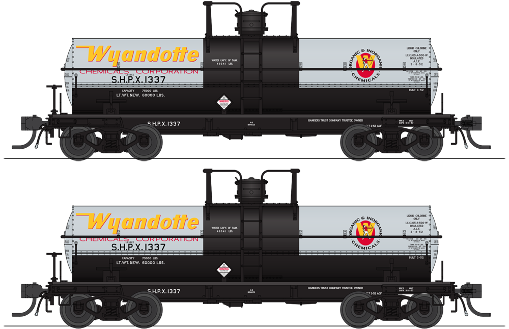 Broadway Limited Imports 10362 HO 6000 Gallon Tank, Wyandotte Chemicals, Aluminum w/ Yellow & Red Logo, 2-pack (SHPX #1363, SHPX #1364)