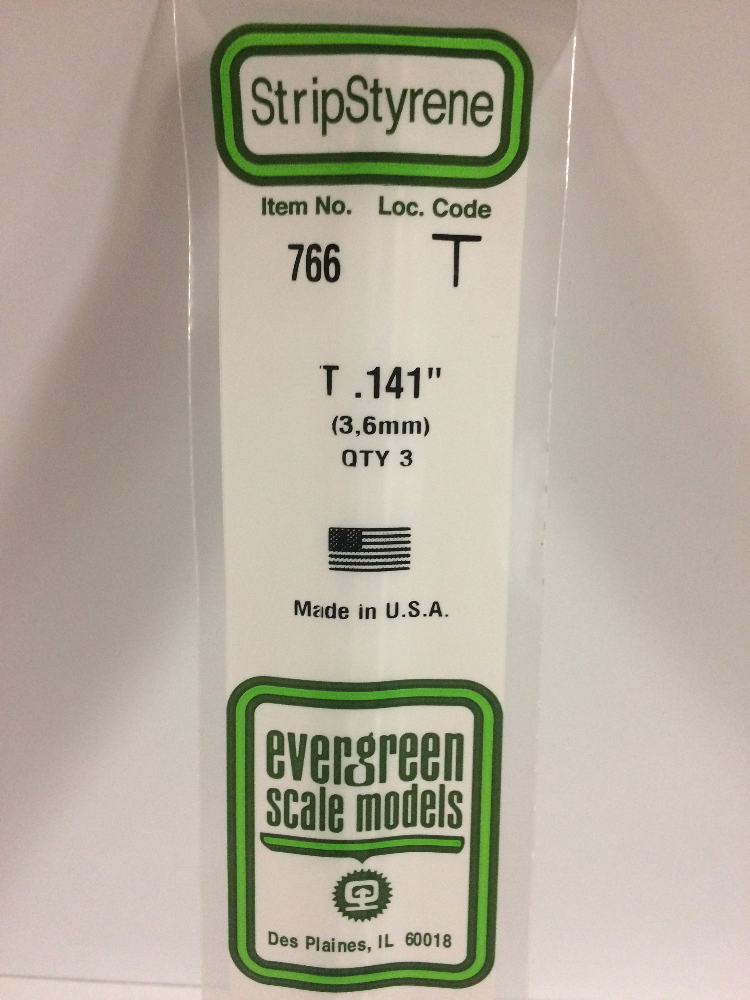 Evergreen 766 .141" (3.6mm) x 14" T Channel Opaque White Polystyrene Strip (3 pcs)