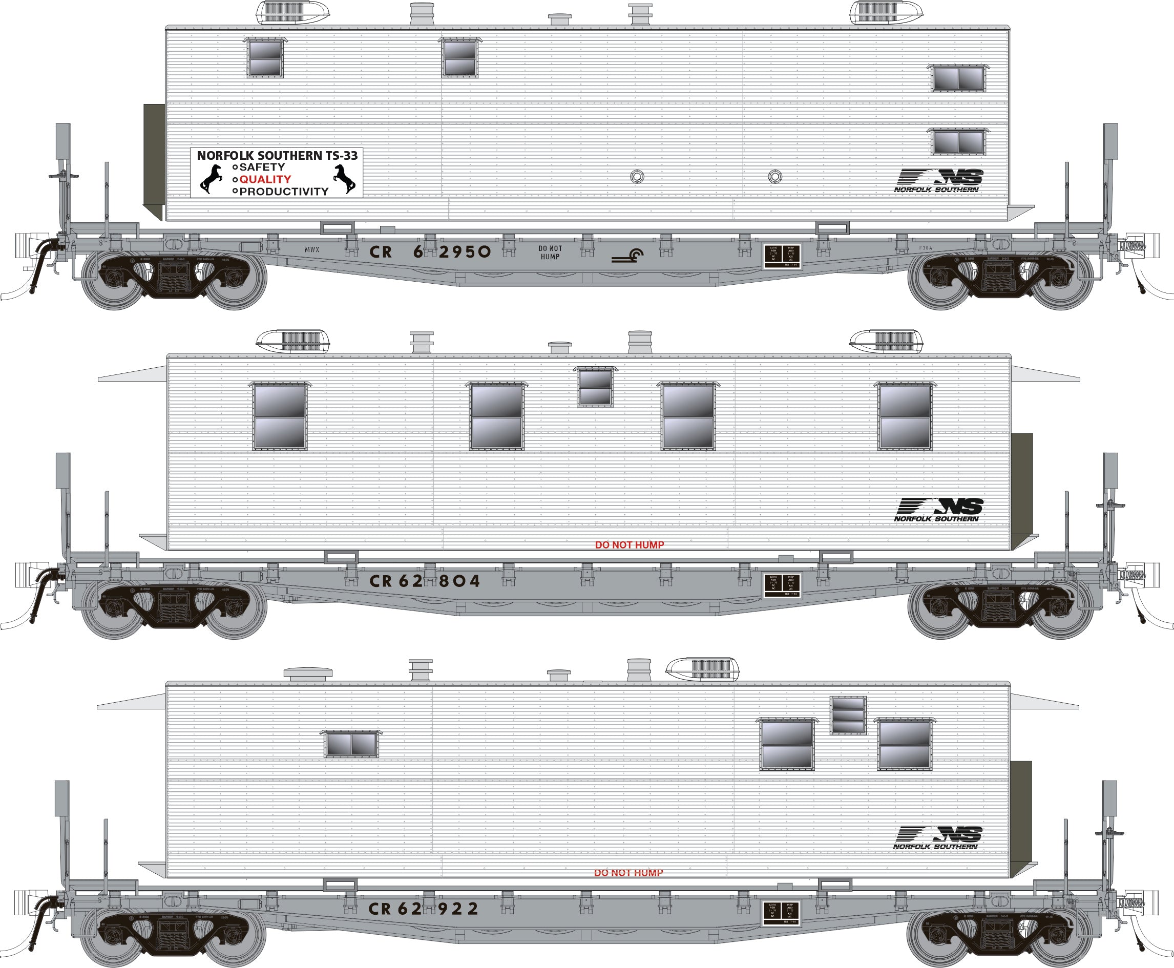 Rapido HO F30A 50' Flat Car w/Camp Van: NS - MOW: 3-Pack #2