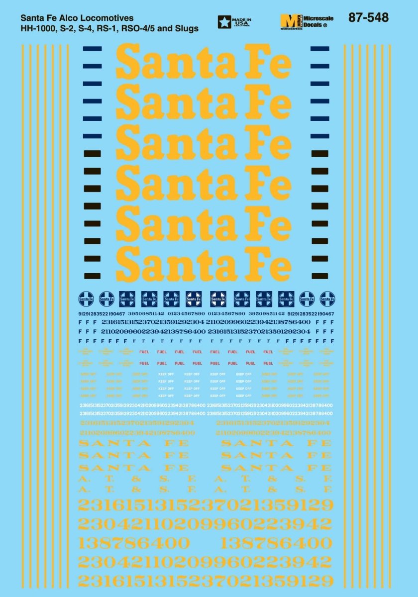 Microscale 87 - 548 HO Scale Santa Fe (ATSF) Alco Switchers - Blue & Yellow Scheme Waterslide Decals - Oakville Model Trains Depot