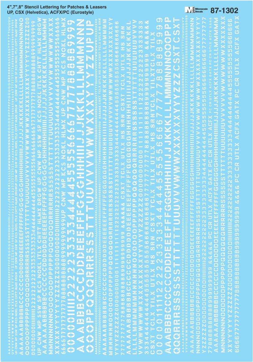 Microscale 87 - 1302 HO Scale White 4/7/8 inch Stencil Lettering for Patches & Leasers 2 - UP Waterslide Decals - Oakville Model Trains Depot