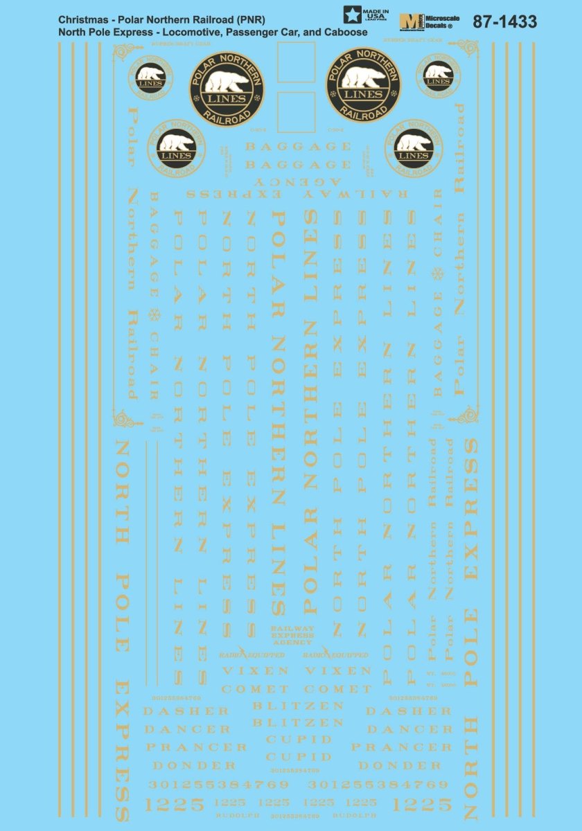 Microscale 87 - 1433 HO Scale Polar Northern Railroad (PNR) North Pole Express - Christmas Waterslide Decals - Oakville Model Trains Depot