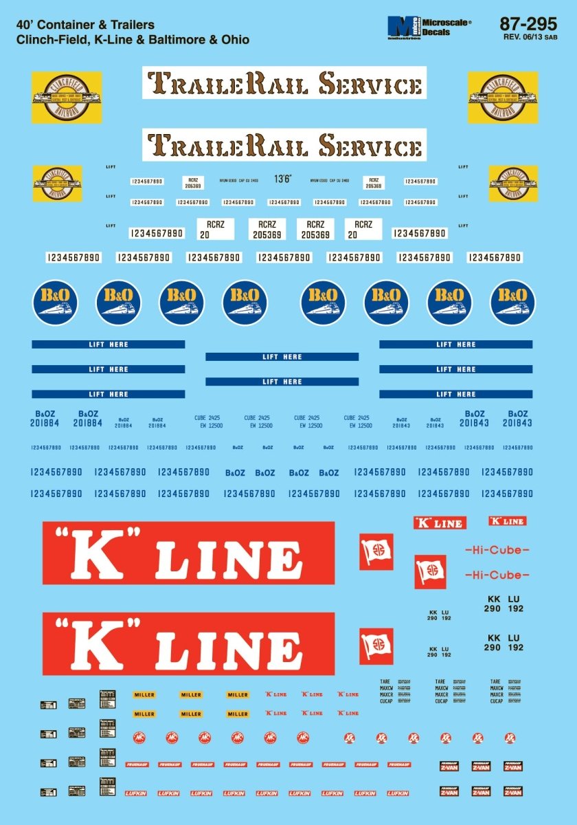 Microscale 87 - 295 HO Scale Assorted 40 foot Trailers - Clinchfield, Baltimore & Ohio, K - Line Waterslide Decals - Oakville Model Trains Depot