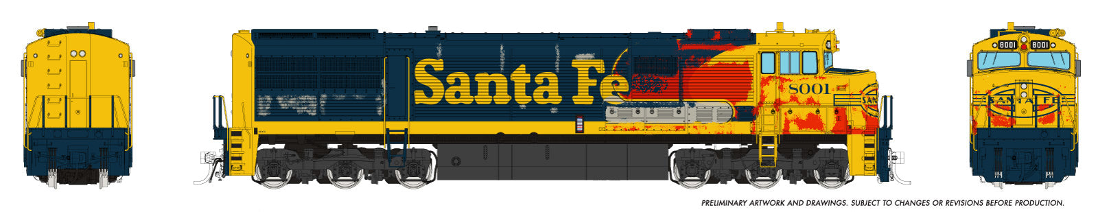 Rapido HO GE U30CG w/o SG (DC/Silent): Santa Fe - Yellow Warbonnet Weathered: #8001