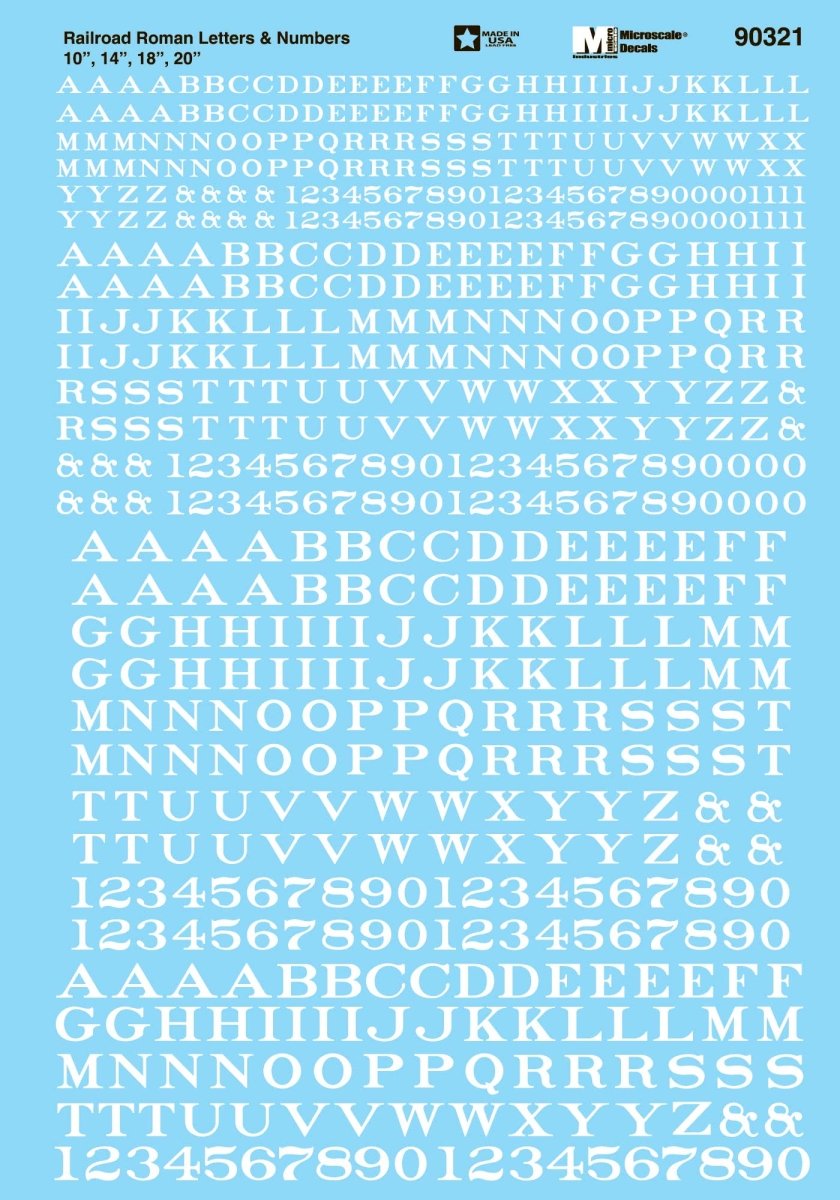 Microscale 90321 HO Scale Railroad Roman Letters & Numbers - White Waterslide Decals - Oakville Model Trains Depot