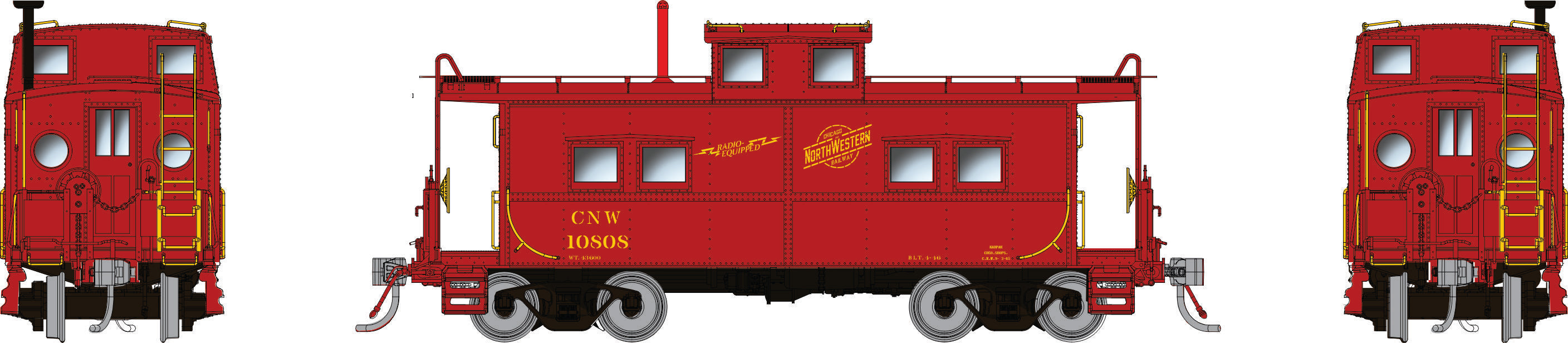 Rapido HO Northeastern-style Caboose w/ porthole windows: C&NW - Red Scheme: #10807
