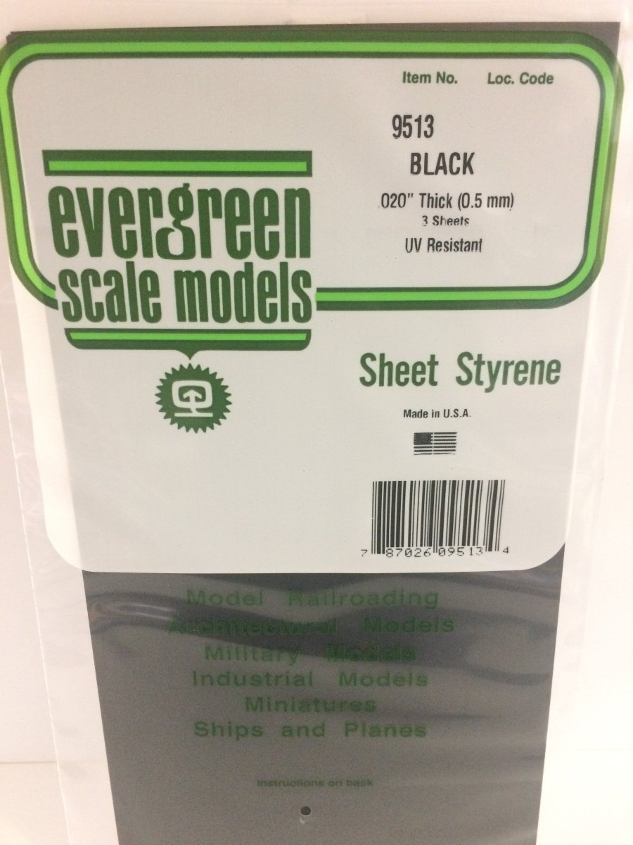 Evergreen 9513 .020" (.50mm) Plain Opaque Black Polystyrene Sheet (3 pcs) - Oakville Model Trains Depot