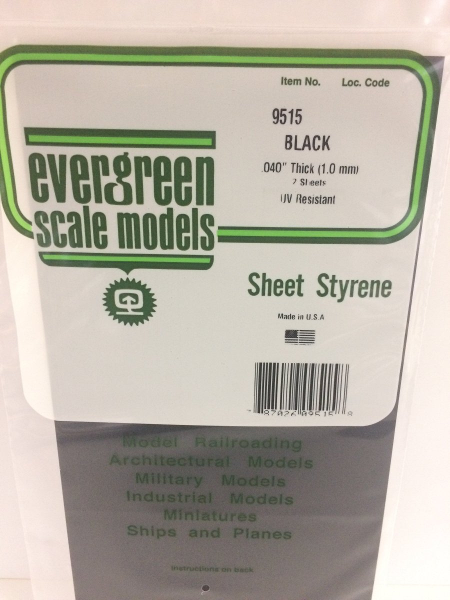 Evergreen 9515 .040" (1.0mm) Plain Opaque Black Polystyrene Sheet (2 pcs) - Oakville Model Trains Depot